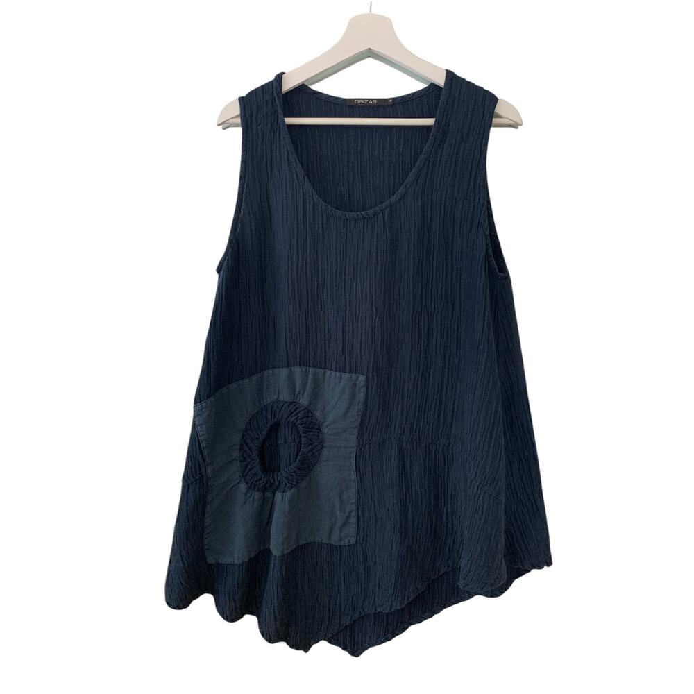 Grizas Sleeveless Linen Lagenlook Asymmetrical Tunic Top Pocket Blue Small